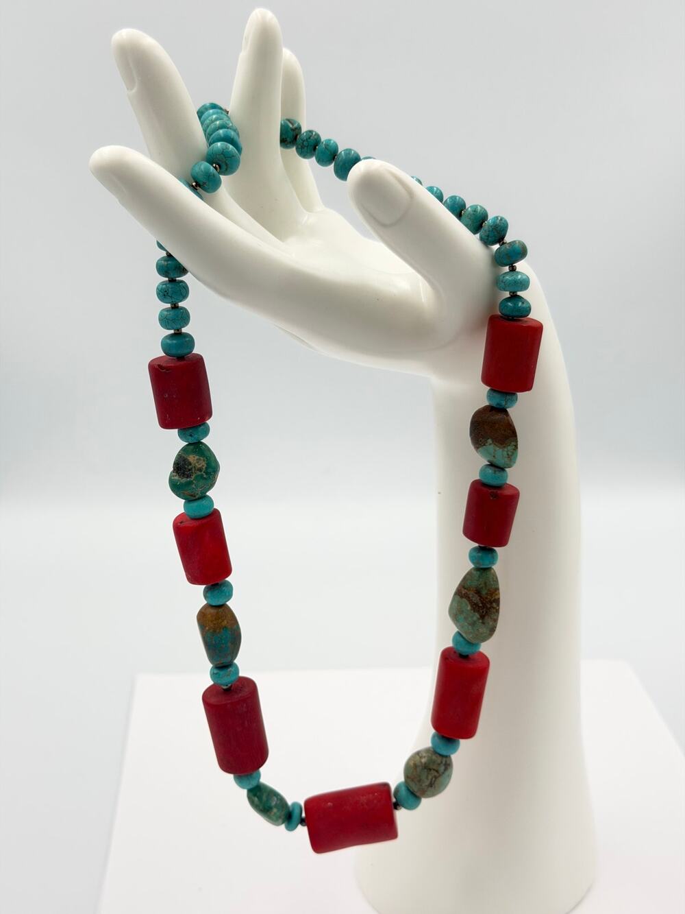 Vintage Native American Silver 925 Coral Turquoise Chunky Statement Necklace